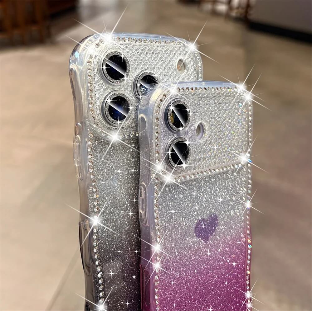 Gradient Glitter Heart Phone Case with Wavy Rhinestone Border and Glass Cover Gradient Glitter Heart Phone Case with Wavy Rhinestone Border and Glass Cover