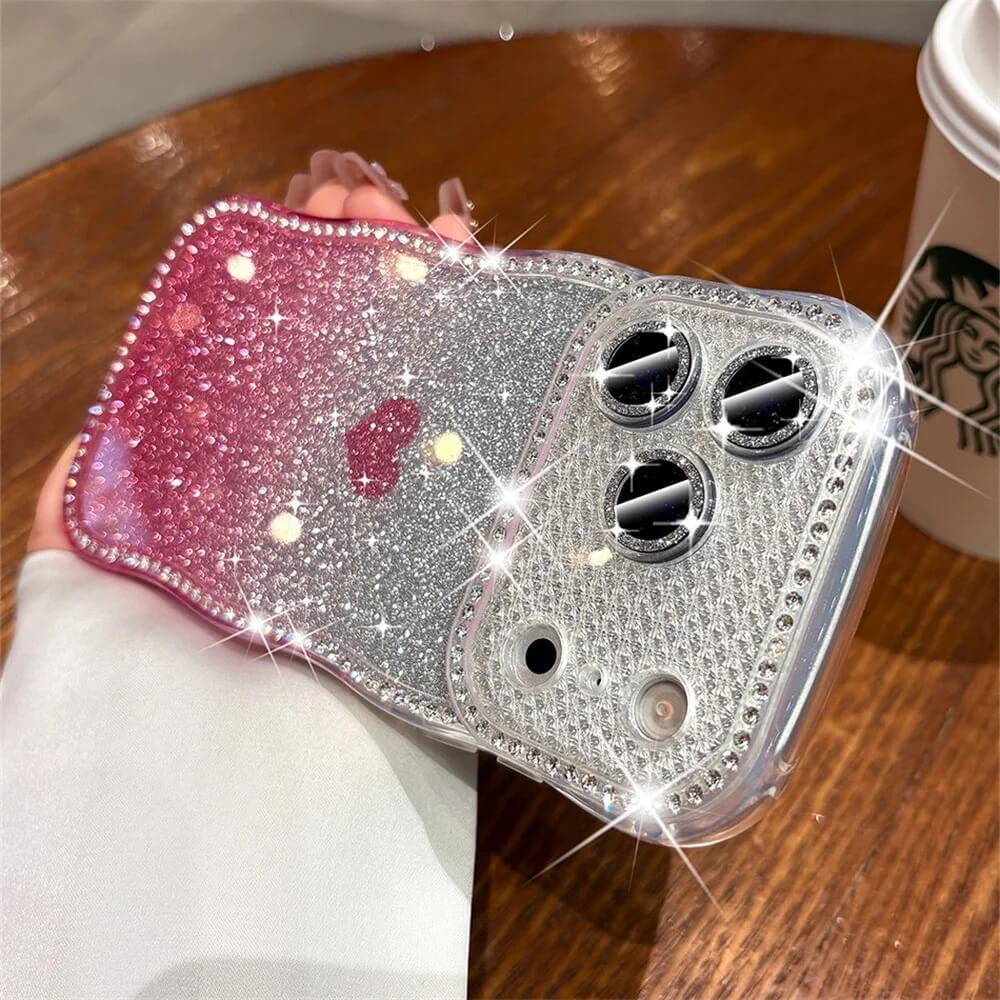 Gradient Glitter Heart Phone Case with Wavy Rhinestone Border Gradient Glitter Heart Phone Case with Wavy Rhinestone Border