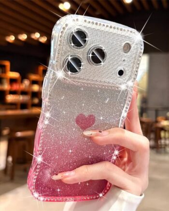 Gradient Glitter Heart iPhone Case with Wavy Rhinestone Border