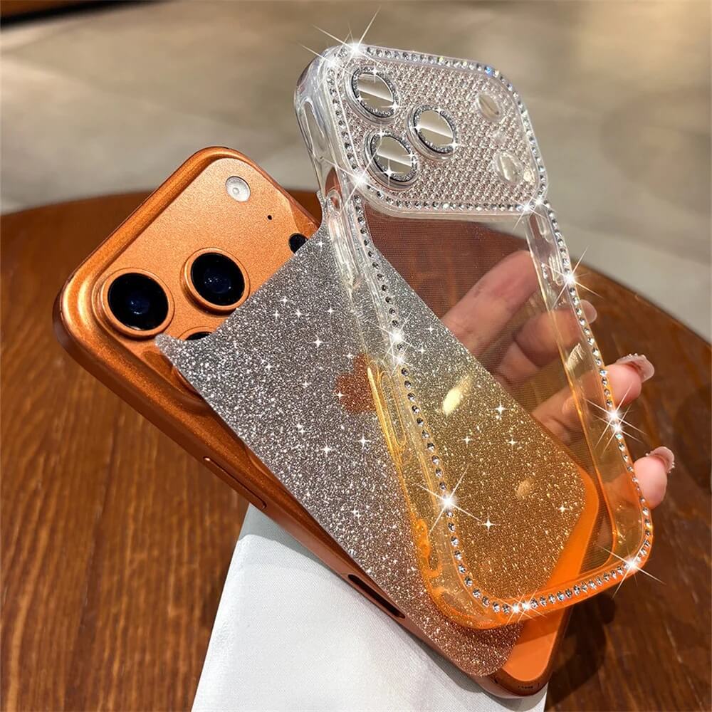Gradient Glitter Heart iPhone Case with Wavy Rhinestone Border and Glass Cover Gradient Glitter Heart iPhone Case with Wavy Rhinestone Border and Glass Cover