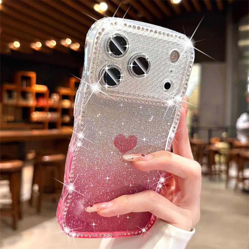 Gradient Glitter Heart iPhone Case with Wavy Rhinestone Border Gradient Glitter Heart iPhone Case with Wavy Rhinestone Border