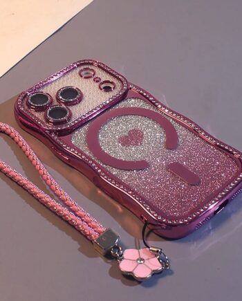 Pink Rhinestone Gradient Glitter Case Magnetic Heart Phone Strap