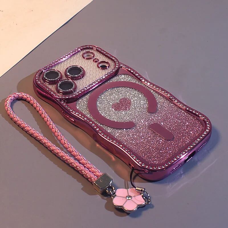 Pink Rhinestone Gradient Glitter Case Magnetic Heart Phone Strap Pink Rhinestone Gradient Glitter Case Magnetic Heart Phone Strap