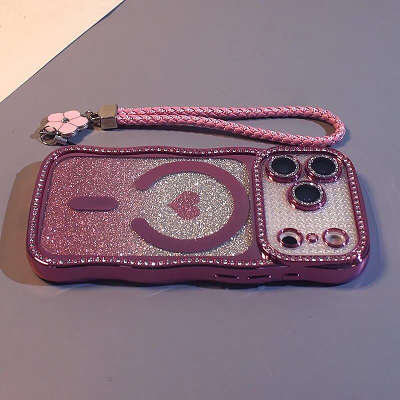 Rhinestone Glitter iPhone Case with Magnetic Heart and Flower Charm Strap Rhinestone Glitter iPhone Case with Magnetic Heart and Flower Charm Strap