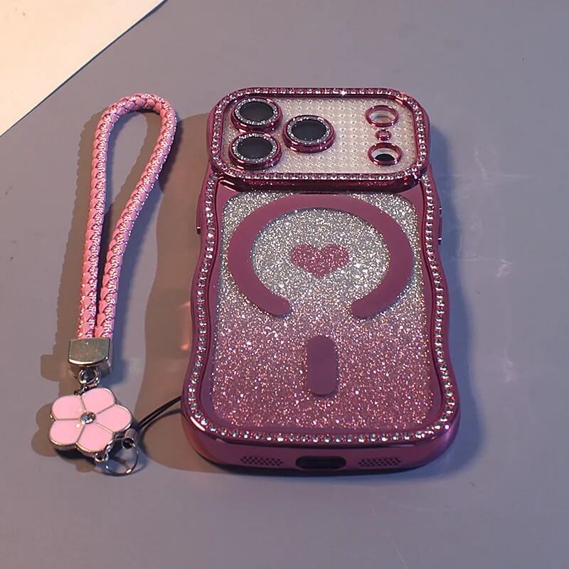 Rhinestone Gradient Glitter Case with Magnetic Heart and Charm Strap Rhinestone Gradient Glitter Case with Magnetic Heart and Charm Strap