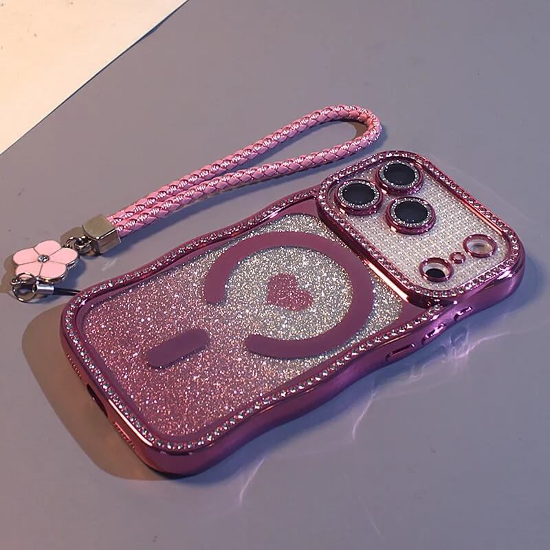 Rhinestone Gradient Glitter Phone Case with Magnetic Heart and Charm Strap Rhinestone Gradient Glitter Phone Case with Magnetic Heart and Charm Strap