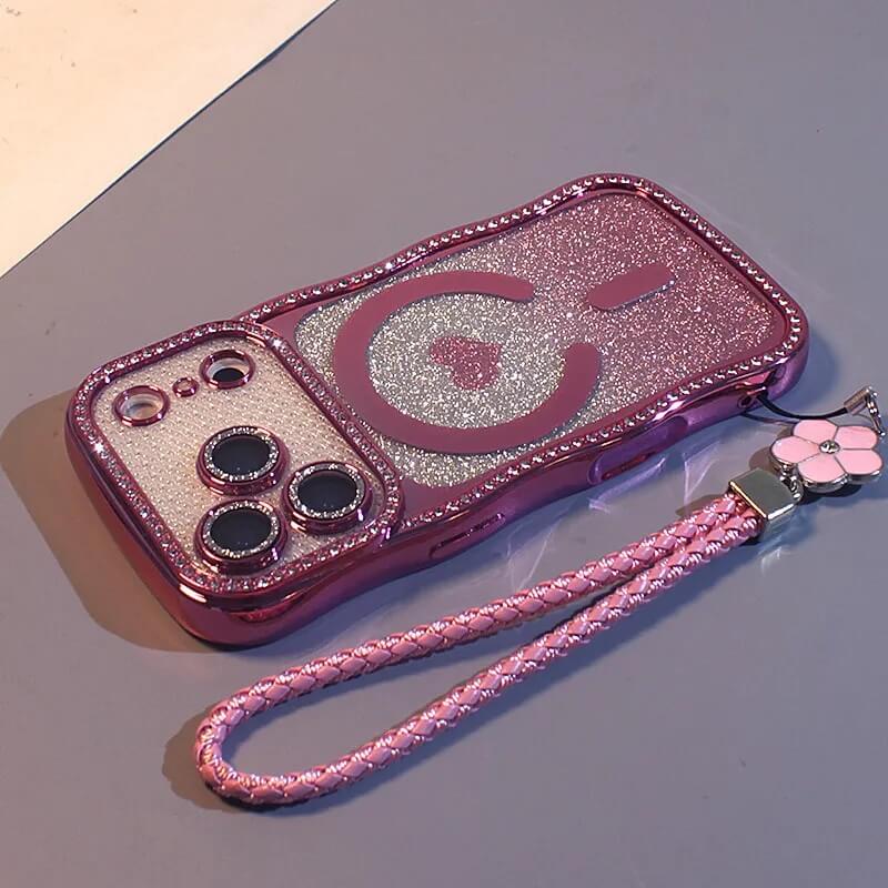Rhinestone Gradient Glitter iPhone Case with Magnetic Heart and Flower Charm Strap Rhinestone Gradient Glitter iPhone Case with Magnetic Heart and Flower Charm Strap
