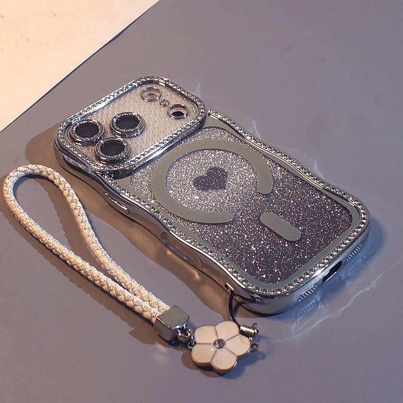 Silver Rhinestone Gradient Glitter Case Magnetic Heart Phone Strap Silver Rhinestone Gradient Glitter Case Magnetic Heart Phone Strap