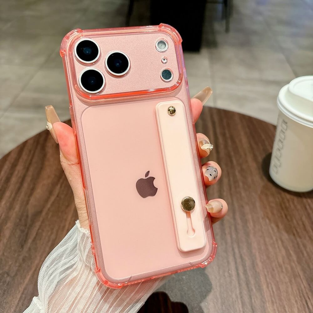 Pink Neon Transparent Kickstand iPhone Case with Hand Strap Pink Neon Transparent Kickstand iPhone Case with Hand Strap