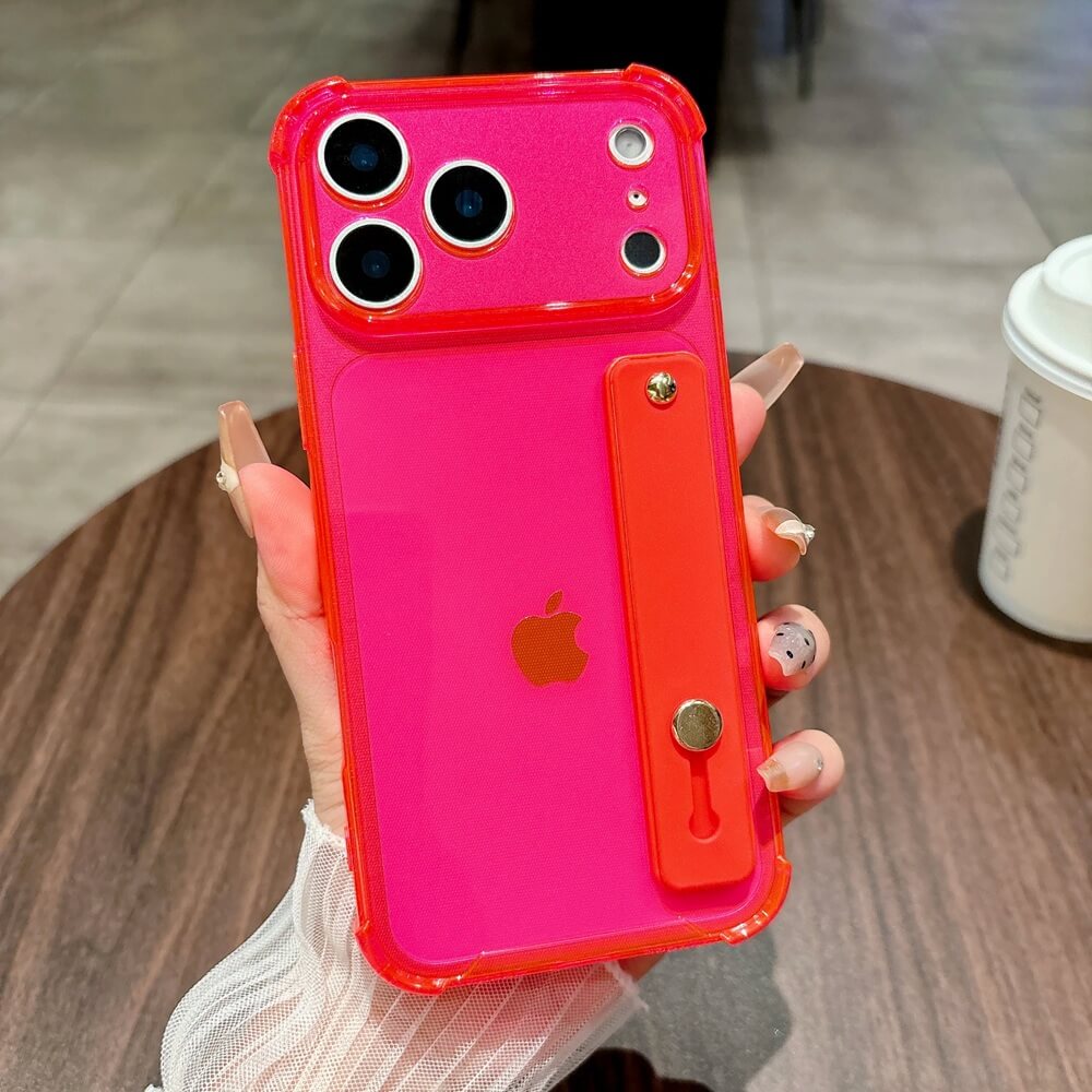 Rose Red Neon Transparent Kickstand iPhone Case with Hand Strap Rose Red Neon Transparent Kickstand iPhone Case with Hand Strap