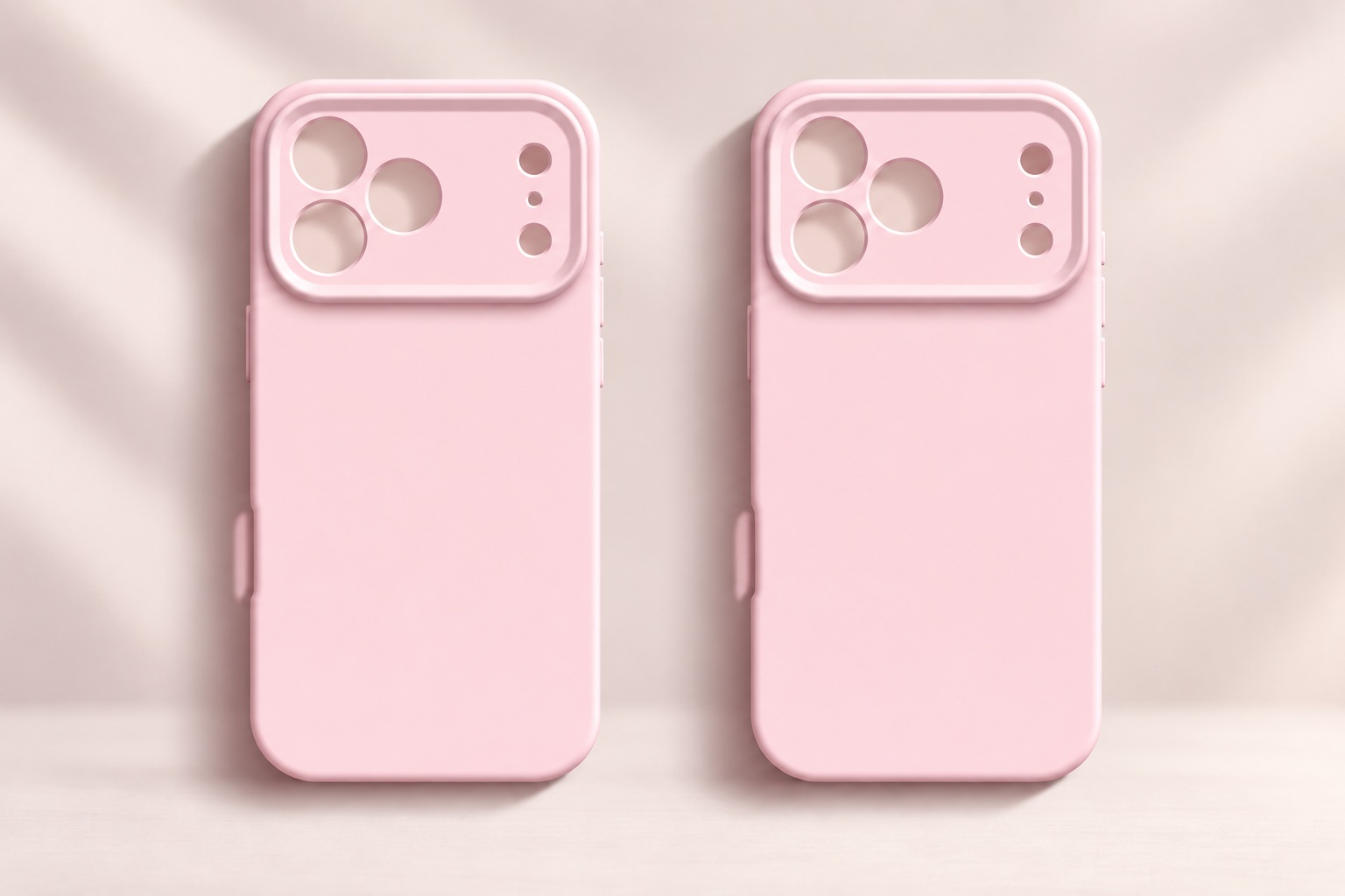 Pink iPhone 17 Pro Max case beside an iPhone 18 Pro Max case showing the camera area difference