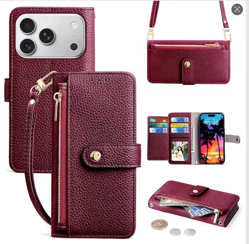 Burgundy Zipper Wallet iPhone Case with Card Holder and Crossbody Strap Burgundy Zipper Wallet iPhone Case with Card Holder and Crossbody Strap