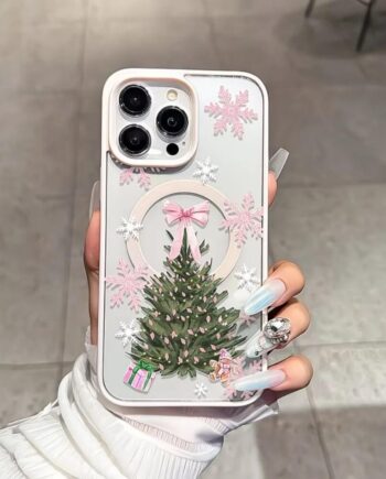 Clear iPhone Case with Pink Christmas Tree and Snowflakes
