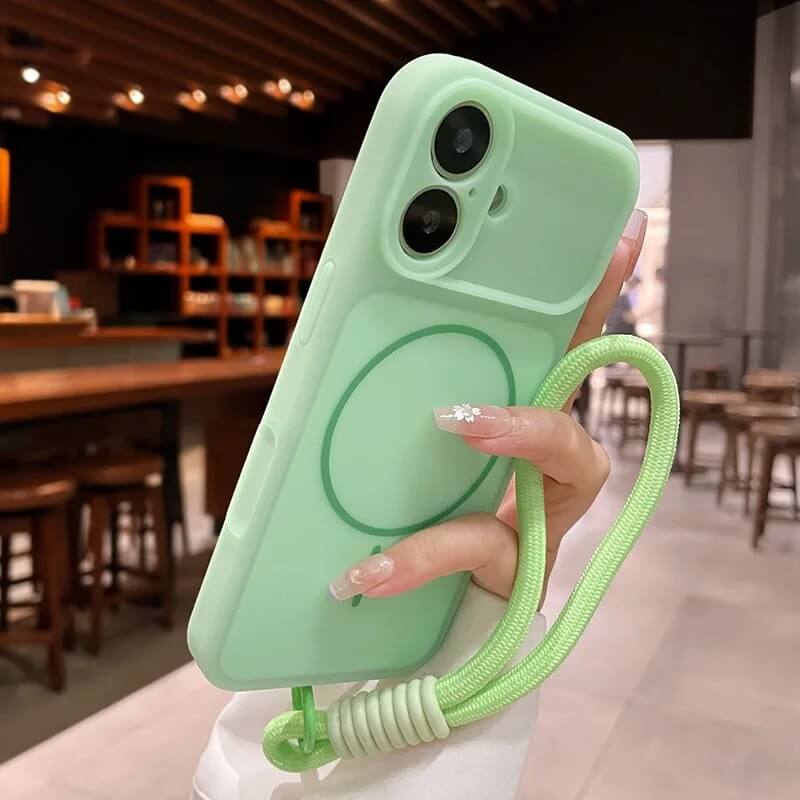 Green Matte Magnetic iPhone Case with Full Camera Cover and Wrist Strap Green Matte Magnetic iPhone Case with Full Camera Cover and Wrist Strap