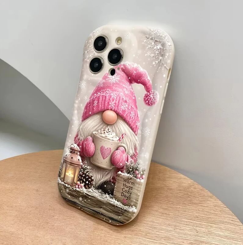 Pink Christmas Gnome Hot Cocoa Phone Case with Snowy Lantern Design Pink Christmas Gnome Hot Cocoa Phone Case with Snowy Lantern Design