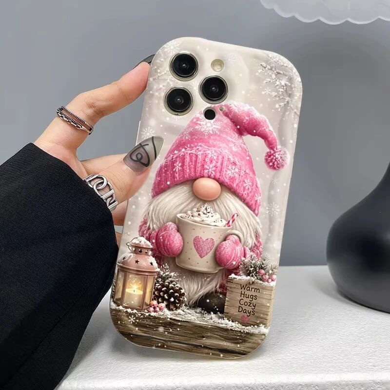 Pink Christmas Gnome Hot Cocoa iPhone Case with Snowy Lantern Design Pink Christmas Gnome Hot Cocoa iPhone Case with Snowy Lantern Design