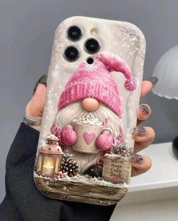 Pink Christmas Gnome iPhone Case with Hot Cocoa and Winter Lantern